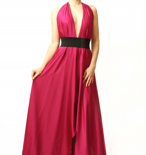 Vestido largo con escote en V de satén de color rosa fucsia